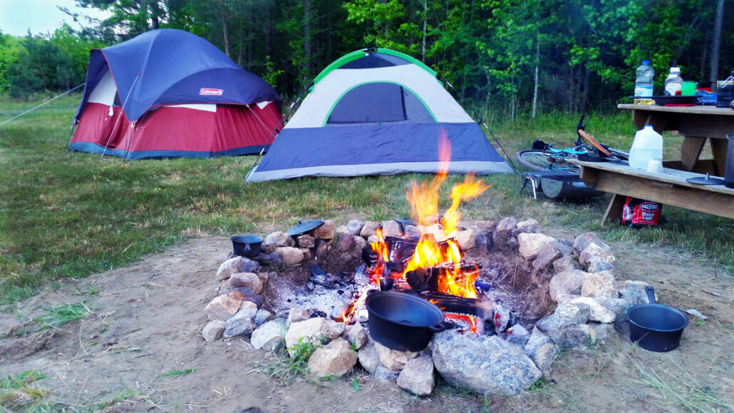 A tent set up for primitive camping near the Tar River