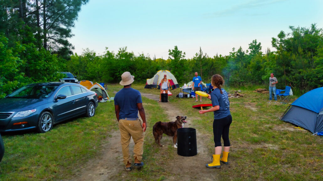 A tent set up for primitive camping near the Tar River.